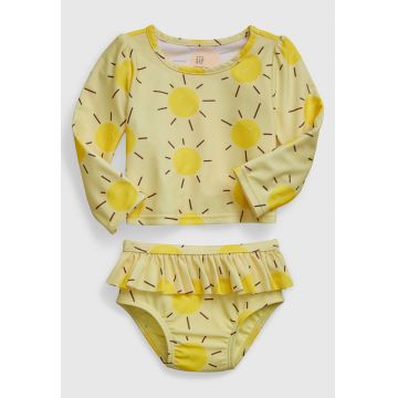 Costum de baie in doua piese cu imprimeu si detaliu cu volane