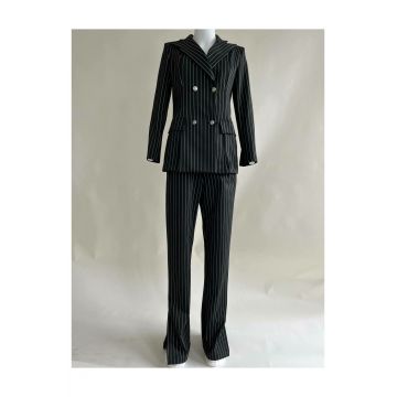 Costum de Dama din Doua Piese, Office - Casual, cu Sacou si Pantaloni Lejeri, cu Dungi, Antalya, Negru
