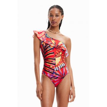 Costum de baie cu decolteu pe un umar si imprimeu tropical