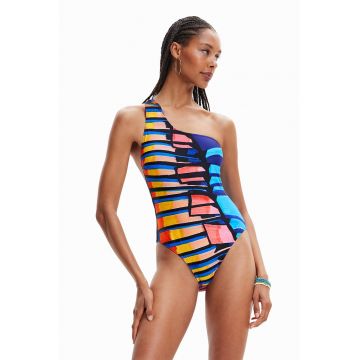 Costum de baie intreg cu decolteu pe un umar si imprimeu abstract