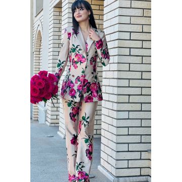 Costum Dama, Doua Piese, din Bumbac Satinat, Rosiera, Multicolor