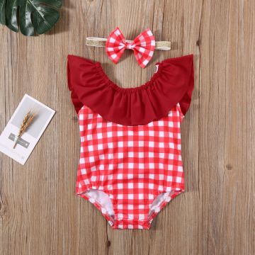 Costum de baie cu patratele rosii si bentita Drool