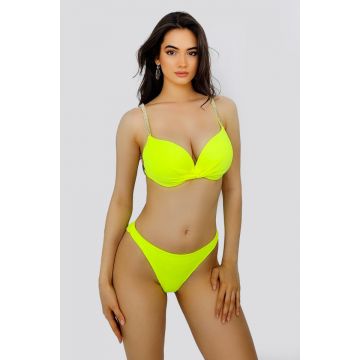 Costum de baie doua piese Amaya, slip brazilian, sutien reglabil cu push up si strasuri, Galben