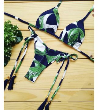 Costum de baie doua piese Aruba, cu snururi de prindere, Alb/verde
