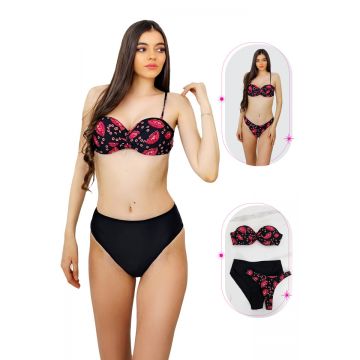Costum de baie trei piese Maggie, imprimeu abstract si sutien cu push up, Negru