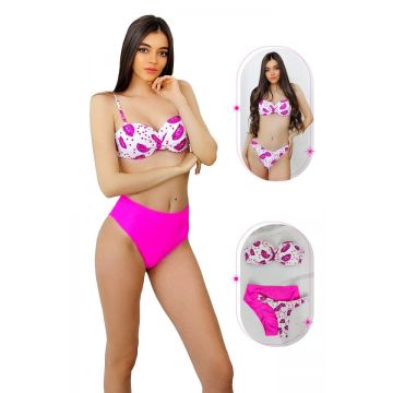 Costum de baie trei piese Maggie, imprimeu abstract si sutien cu push up, Roz