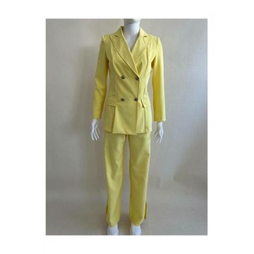 Costum Dama, din Doua Piese, Pantalon cu Talie Inalta si Sacou, Sunnyest, Galben