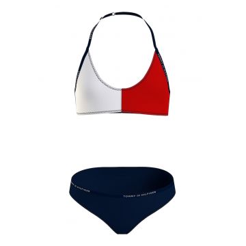 Costum de baie in doua piese cu decolteu halter si model colorblock