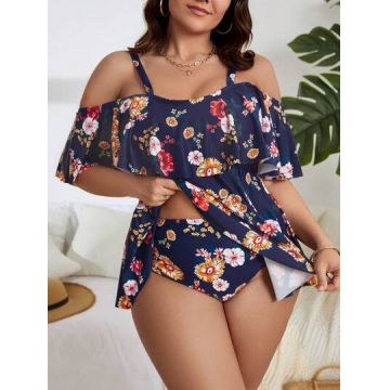 Bikini cu imprimeu floral si talie inalta, albastru, dama, Shein