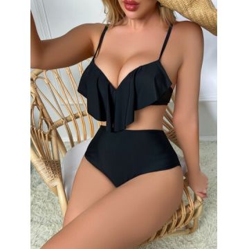 Set costum de baie, sutien cu volan si bikini cu talie inalta, negru, dama, Shein