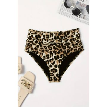 Slip de baie Tankini, cu talie inalta si pliuri asimetrice, Animal print Leopard
