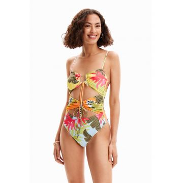 Costum de baie cu imprimeu tropical si decupaje