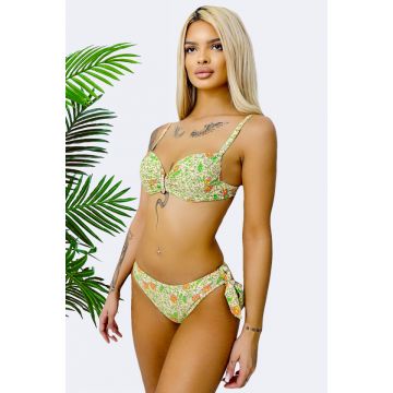 Costum de baie doua piese MYNA, slip reglabil si sutien accesorizat, Bej/Verde