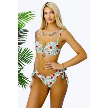Costum de baie doua piese MYNA, slip reglabil si sutien accesorizat, Verde/Rosu