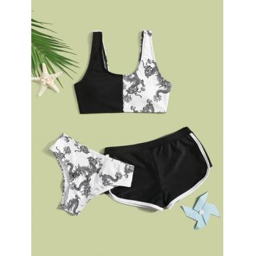 Set costum de baie din 3 piese, top, bikini si pantaloni scurti cu imprimeu dragon, negru, fete, Shein