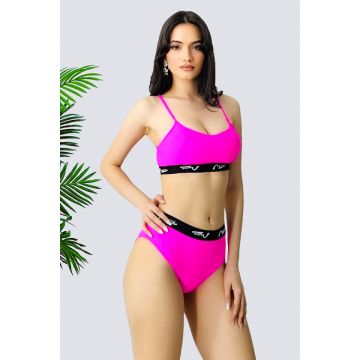 Costum de baie 3 piese MeYNA, slip tanga, slip brazilian si sutien sport, Fucsia