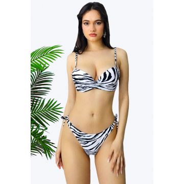 Costum de baie 3 piese Nataly, cu doua tipuri slip si sutien push up, Alb/Negru