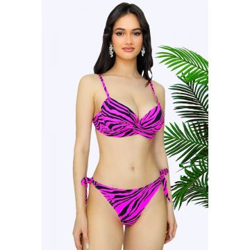 Costum de baie 3 piese Nataly, cu doua tipuri slip si sutien push up, Mov