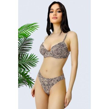 Costum de baie doua piese Jamaica, imprimeu animal print leopard si sutien ajustabil, Bej