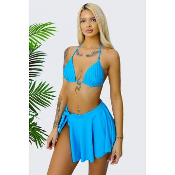 Costum de baie trei piese Maddy, slip clasic, fusta scurta si sutien cu paiete, Albastru deschis