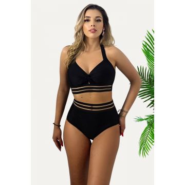 Costum de baie doua piese LEORA, slip clasic cu talie inalta si sutien sport, Negru