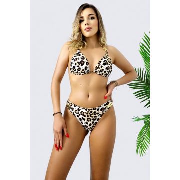 Costum de baie doua piese MALU, cu detalii metalice aurii si cupe buretate, BEJ Leopard