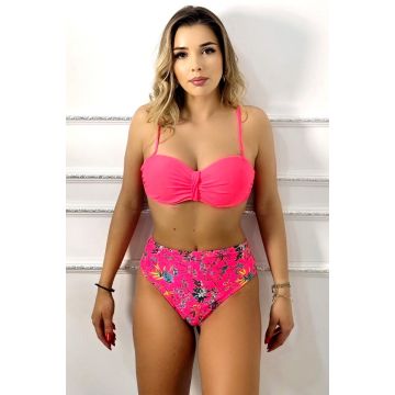 Costum de baie doua piese VELYN, slip imprimeu floral si sutien cu push up, Fucsia