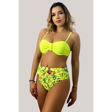 Costum de baie doua piese VELYN, slip talie inalta si sutien cu push up, Galben Neon