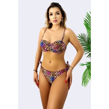 Costum de baie doua piese ZANZA, cu slip reglabil si sutien push up, MOV Leopard