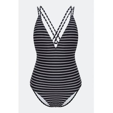 Costum de baie intreg cu decolteu in V si model in dungi