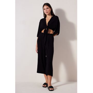 Pantaloni crop de plaja cu talie inalta