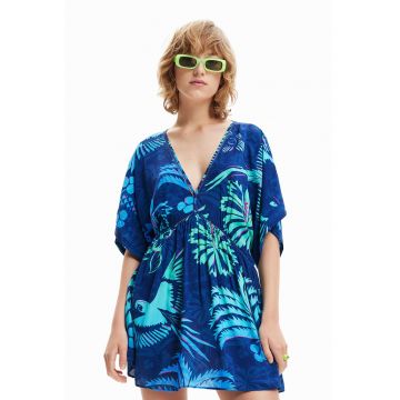 Rochie cu decolteu in V si imprimeu tropical pentru plaja