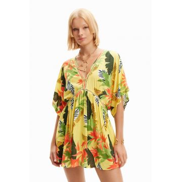 Rochie de plaja cu imprimeu tropical si decolteu in V