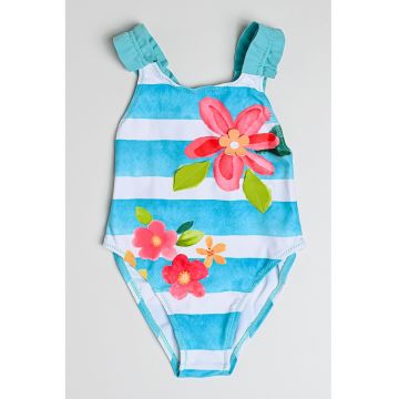Costum de baie intreg cu dungi si model floral