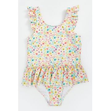 Costum de baie intreg cu model floral si garnituri cu volane
