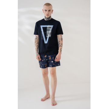 Pantaloni scurti de baie cu snur si detaliu brodat