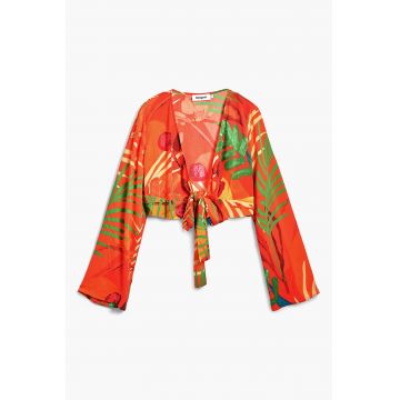 Bluza crop de plaja cu imprimeu tropical si design innodat