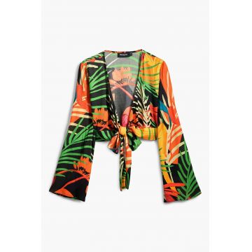Bluza crop de plaja cu imprimeu tropical si design innodat