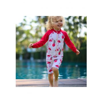 Costum de baie cu protectie solara UPF 50+ -  - Swimster Flamingo - Rosu si Alb - pentru fetite