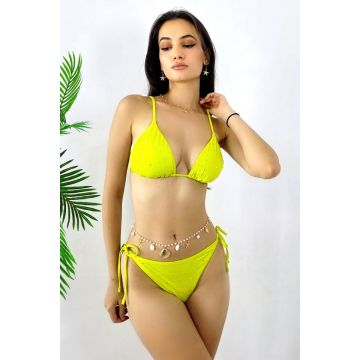 Costum de baie doua piese ZENY, slip si sutien cu snururi si cristale, Verde Olive
