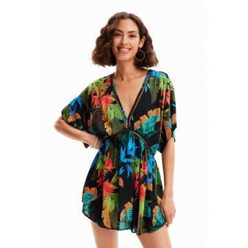 Rochie de plaja cu imprimeu tropical si decolteu in V