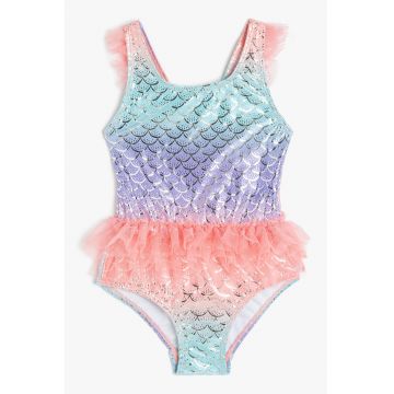Costum de baie intreg cu garnituri din tul