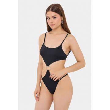 Costum de baie dama -  doua piese - decolteu rotund - detaliu inelar - negru - textil -