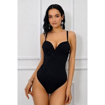 Costum de baie intreg MELACHIC, cu push up si cristale asimetrice, Negru