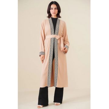 Kimono lung brodat cu guler tip sal -  bej -
