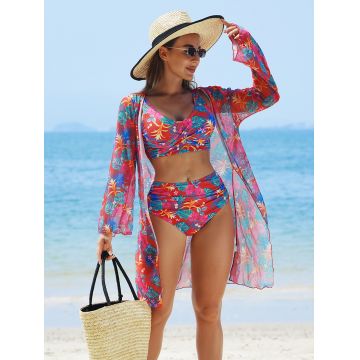Set 3 piese Costum de baie cu imprimeu flori si tunica Elena Rosu