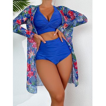 Set 3 piese Costum de baie dama, slip cu talie inalta si tunica Budapesta Albastru