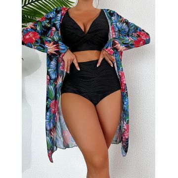 Set 3 piese Costum de baie dama, slip cu talie inalta si tunica Budapesta Negru