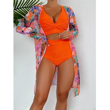 Set 3 piese Costum de baie dama, slip cu talie inalta si tunica Budapesta Orange
