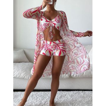 Set 3 piese Costum de baie si tunica Americano Roz/Galben